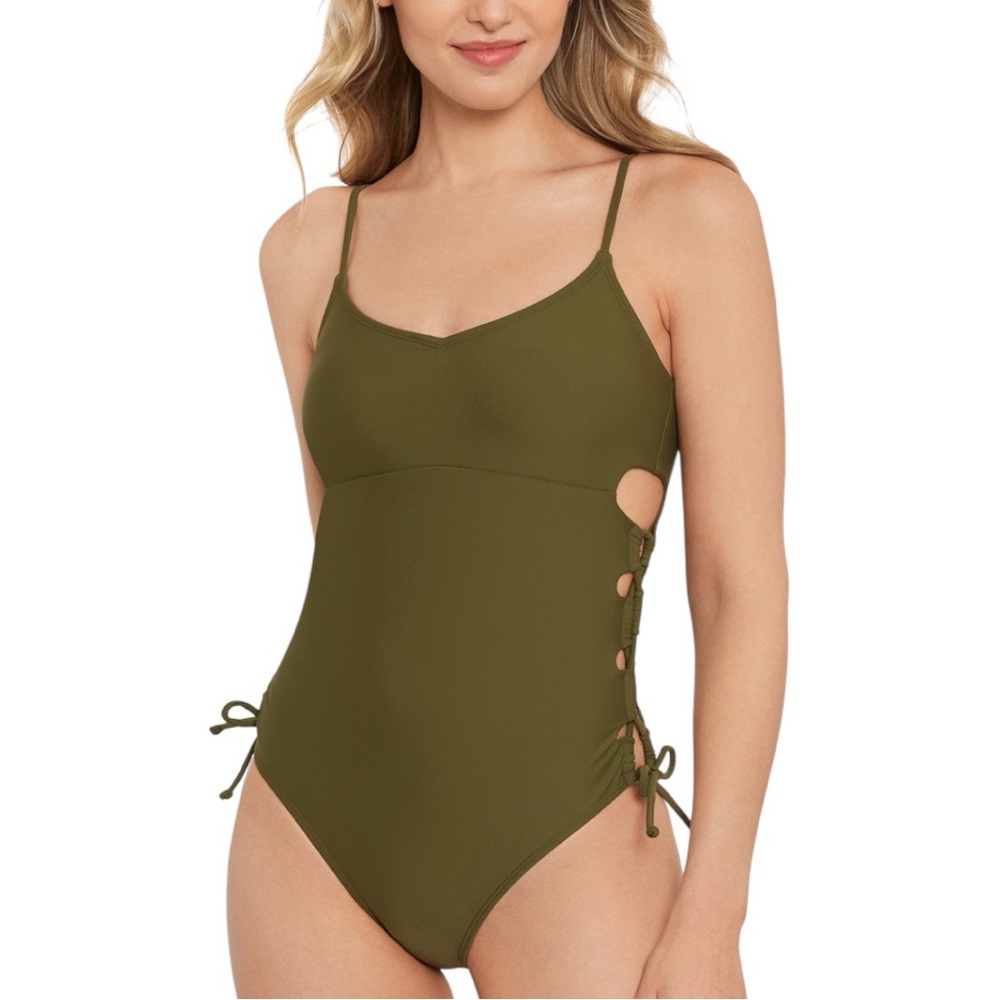Salt + Cove Juniors' Lace-Up Sides One-Piece Swimsuit Olive green size XL